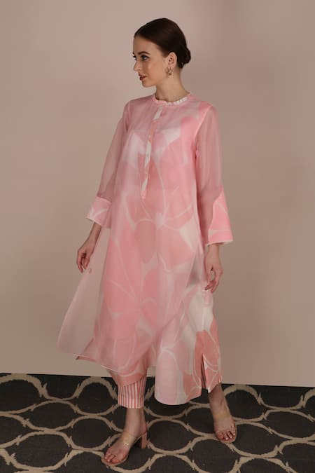 Arcvsh By Pallavi Singh_Pink Organza, Chanderi Round Floral Print Layered Tunic _Online_at_Aza_Fashions