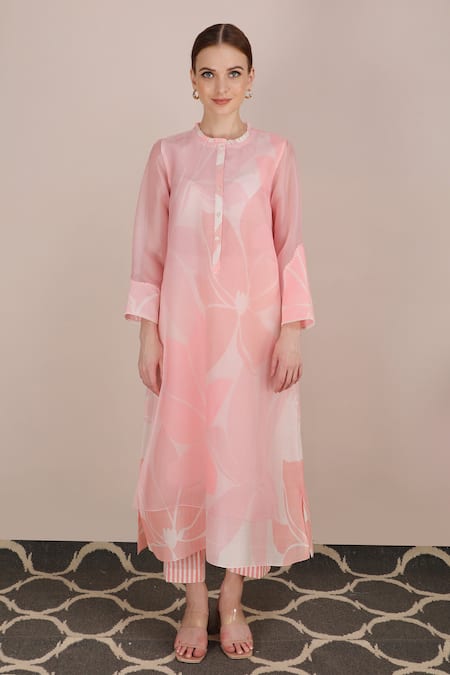 Buy_Arcvsh By Pallavi Singh_Pink Organza, Chanderi Round Floral Print Layered Tunic _Online_at_Aza_Fashions