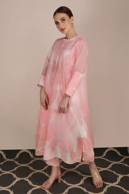 Shop_Arcvsh By Pallavi Singh_Pink Organza, Chanderi Round Floral Print Layered Tunic _Online_at_Aza_Fashions