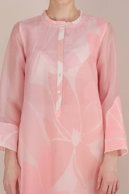 Arcvsh By Pallavi Singh_Pink Organza, Chanderi Round Floral Print Layered Tunic _at_Aza_Fashions