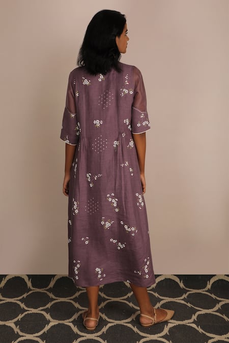 Shop_Arcvsh By Pallavi Singh_Purple Organza, Linen Mandarin Collar Embroidered Dress _at_Aza_Fashions