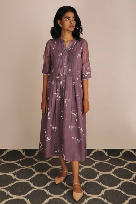 Arcvsh By Pallavi Singh_Purple Organza, Linen Mandarin Collar Embroidered Dress _Online_at_Aza_Fashions