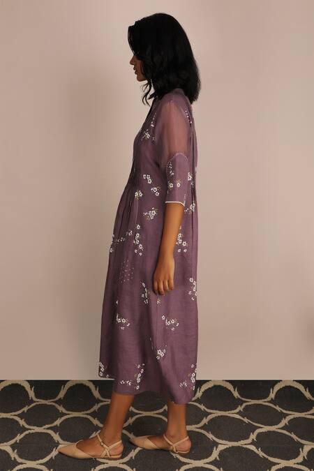 Buy_Arcvsh By Pallavi Singh_Purple Organza, Linen Mandarin Collar Embroidered Dress _Online_at_Aza_Fashions