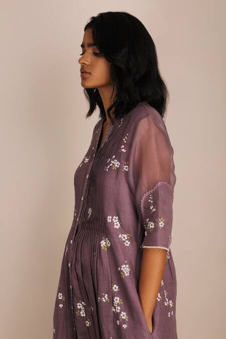 Shop_Arcvsh By Pallavi Singh_Purple Organza, Linen Mandarin Collar Embroidered Dress _Online_at_Aza_Fashions