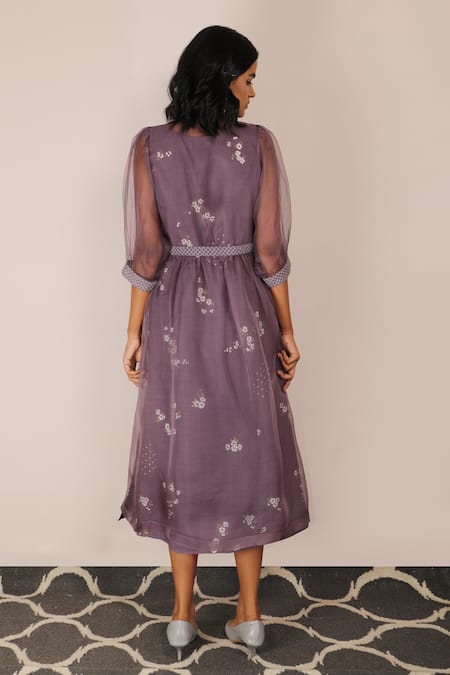 Shop_Arcvsh By Pallavi Singh_Purple Organza, Linen Dress Round Jacket Collar Floral Print With _at_Aza_Fashions