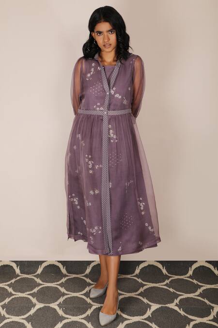 Arcvsh By Pallavi Singh_Purple Organza, Linen Dress Round Jacket Collar Floral Print With _Online_at_Aza_Fashions