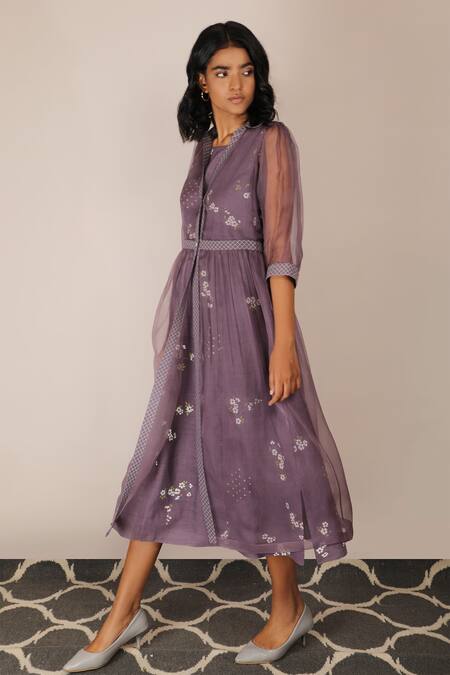 Buy_Arcvsh By Pallavi Singh_Purple Organza, Linen Dress Round Jacket Collar Floral Print With _Online_at_Aza_Fashions