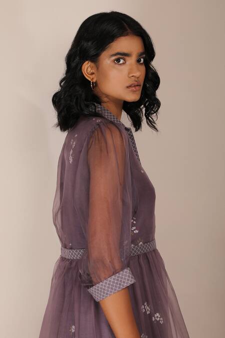 Shop_Arcvsh By Pallavi Singh_Purple Organza, Linen Dress Round Jacket Collar Floral Print With _Online_at_Aza_Fashions