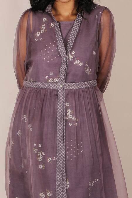 Arcvsh By Pallavi Singh_Purple Organza, Linen Dress Round Jacket Collar Floral Print With _at_Aza_Fashions