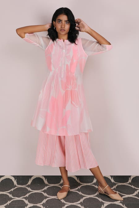 Arcvsh By Pallavi Singh_Pink Organza, Chanderi, Cotton Voile Round Floral Print Tunic_Online_at_Aza_Fashions