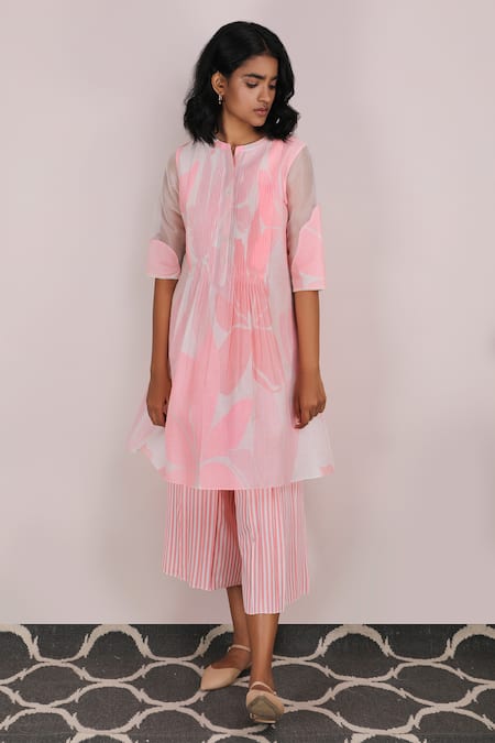 Buy_Arcvsh By Pallavi Singh_Pink Organza, Chanderi, Cotton Voile Round Floral Print Tunic_Online_at_Aza_Fashions