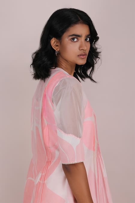 Shop_Arcvsh By Pallavi Singh_Pink Organza, Chanderi, Cotton Voile Round Floral Print Tunic_Online_at_Aza_Fashions