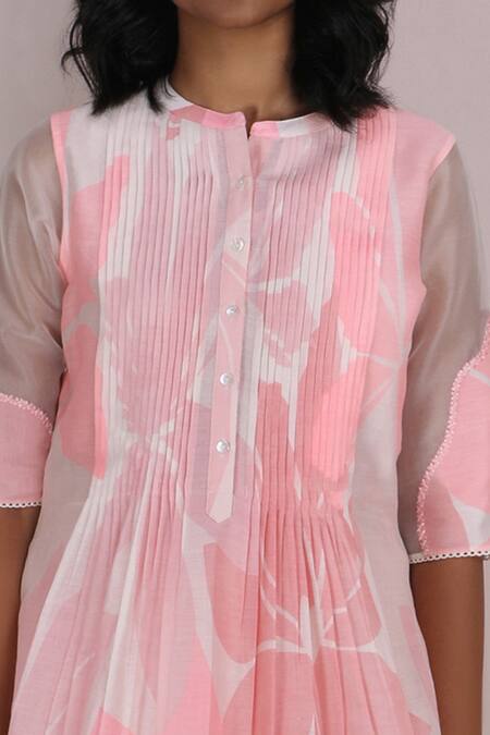 Arcvsh By Pallavi Singh_Pink Organza, Chanderi, Cotton Voile Round Floral Print Tunic_at_Aza_Fashions