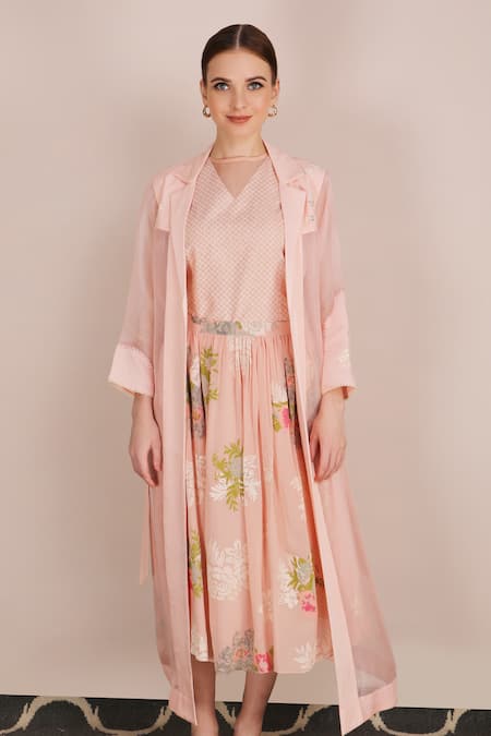 Shop_Arcvsh By Pallavi Singh_Peach Organza, Georgette, Linen, Cotton Voile Jacket Collar, Top And Skirt Set_Online_at_Aza_Fashions