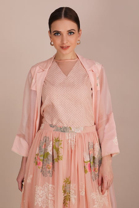 Arcvsh By Pallavi Singh_Peach Organza, Georgette, Linen, Cotton Voile Jacket Collar, Top And Skirt Set_at_Aza_Fashions