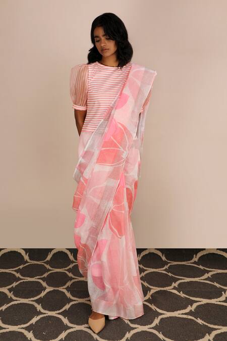 Arcvsh By Pallavi Singh_Pink Organza, Linen, Bamberg Round Printed Saree With Blouse_Online_at_Aza_Fashions