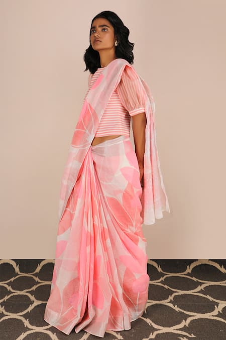 Buy_Arcvsh By Pallavi Singh_Pink Organza, Linen, Bamberg Round Printed Saree With Blouse_Online_at_Aza_Fashions