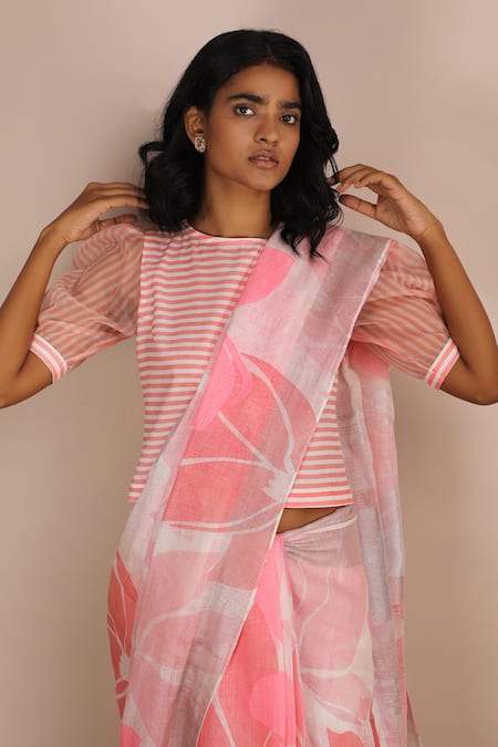 Shop_Arcvsh By Pallavi Singh_Pink Organza, Linen, Bamberg Round Printed Saree With Blouse_Online_at_Aza_Fashions
