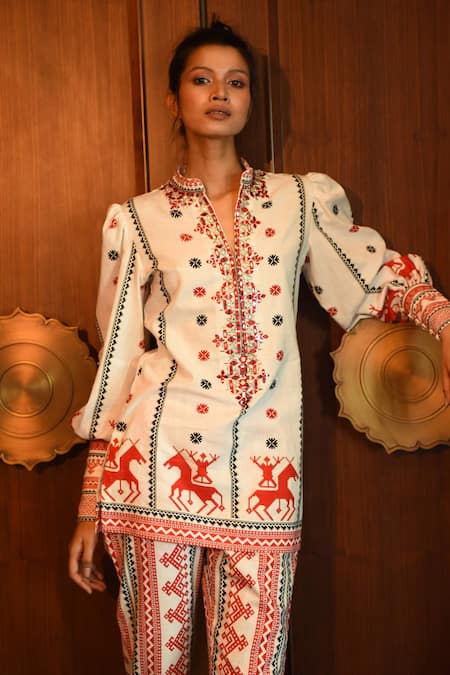 Monisha Jaising White Cotton Silk Embroidery Band Collar Printed Tunic And Pant Set 