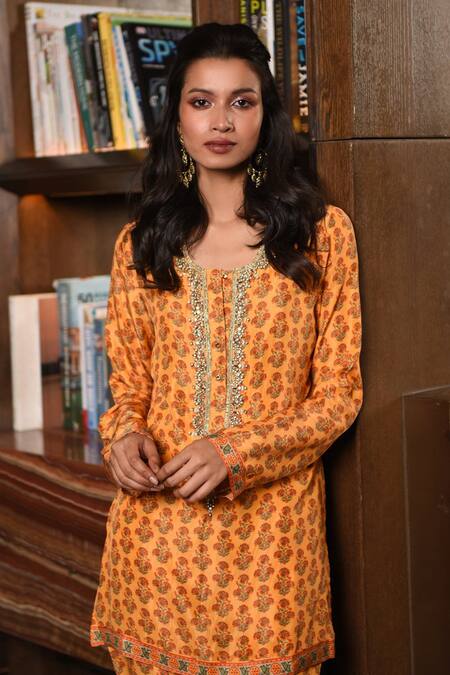 Monisha Jaising Yellow Cotton Silk Embroidery Round Printed Tunic And Pant Set 