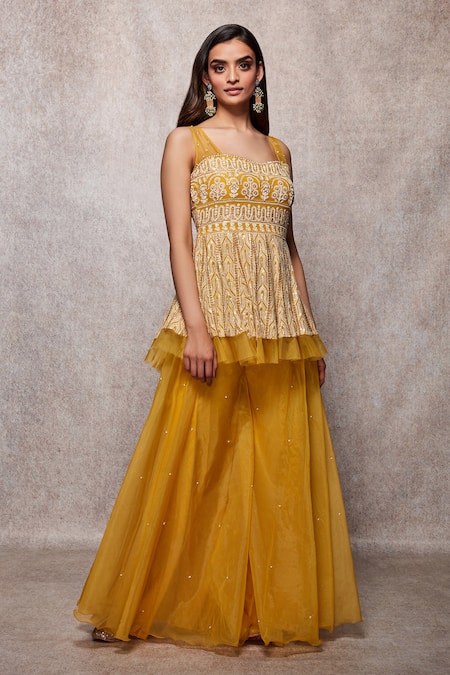 Ajiesh Oberoi_Yellow Embroidered Peplum Kurta And Sharara Set_Online_at_Aza_Fashions