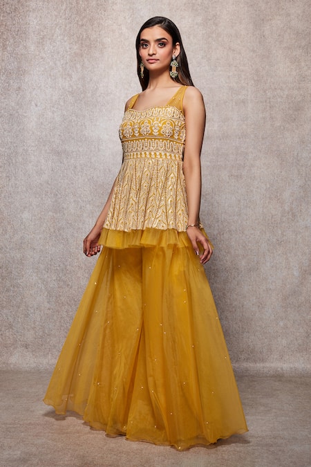 Shop_Ajiesh Oberoi_Yellow Embroidered Peplum Kurta And Sharara Set_Online_at_Aza_Fashions
