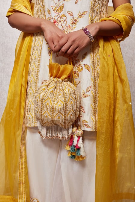 Ajiesh Oberoi Yellow Embroidered Potli Bag 