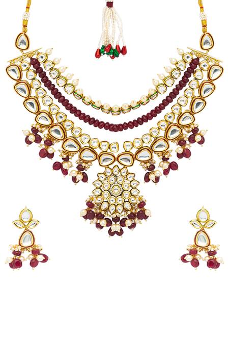 Shop_HRISHA_Gold Plated Pearls, Stones Kundan Polki Pendant Choker Set_Online_at_Aza_Fashions