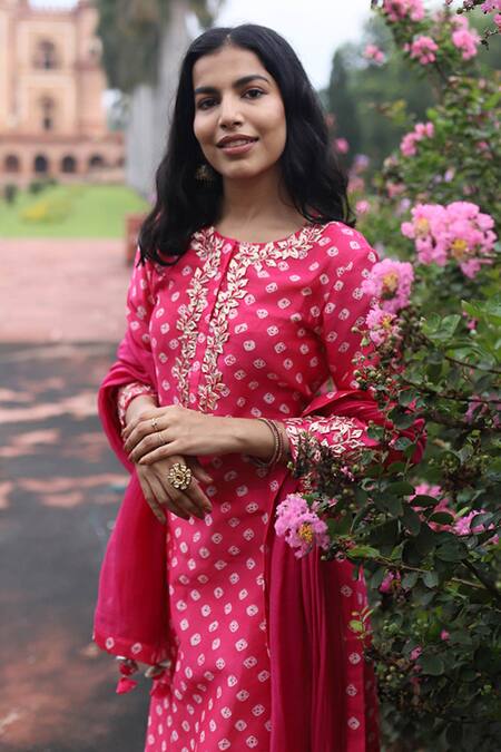Buy House Of Pink Pink Kurta And Dupatta Chanderi Bottom Self Cotton Round Bandhani Set Online at Aza Fashions Buy_House Of Pink_Pink Kurta And Dupatta Chanderi Bottom Self Cotton Round Bandhani Set _Online_at_Aza_Fashions
