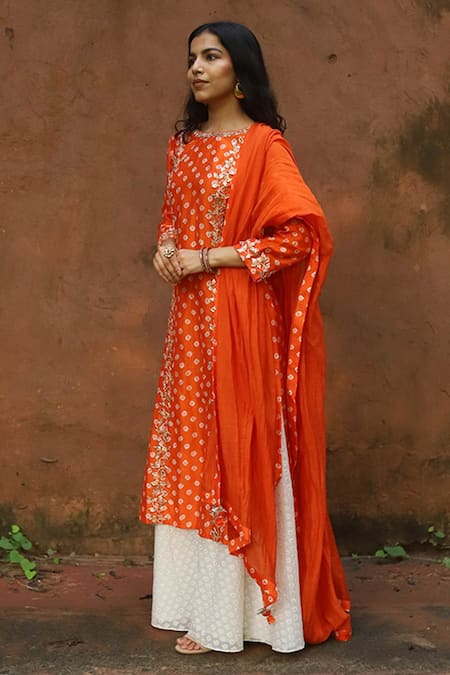 Buy Orange And Teal Half And Half Net Dupatta Online - W for Woman