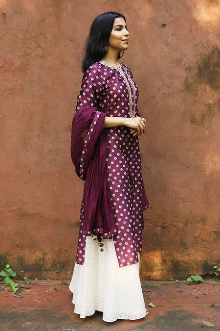 House Of Pink_Purple Kurta And Dupatta Chanderi Bottom Self Cotton Round Bandhani Set _Online_at_Aza_Fashions