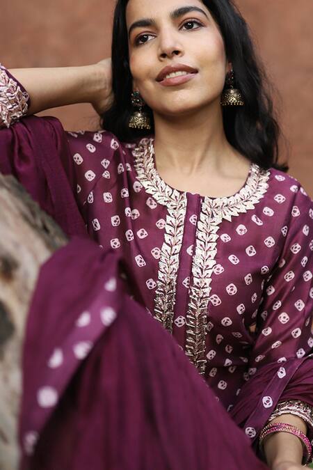 House Of Pink_Purple Kurta And Dupatta Chanderi Bottom Self Cotton Round Bandhani Set _at_Aza_Fashions