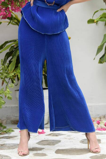 Buy_Tasuvure_Blue Pleated Polyester Boat Top And Pant Set_Online_at_Aza_Fashions