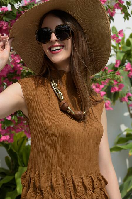 Buy_Tasuvure_Brown Pleated Midi Dress_Online_at_Aza_Fashions