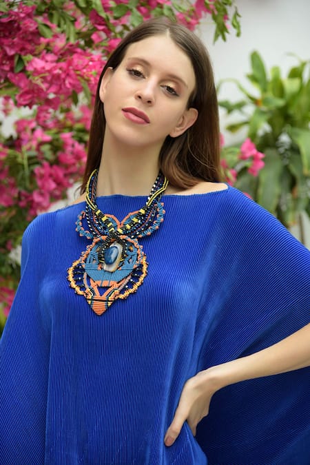 Tasuvure Blue Pleated Polyester Boat Asymmetric Cape Online at Aza Fashions Tasuvure_Blue Pleated Polyester Boat Asymmetric Cape _Online_at_Aza_Fashions