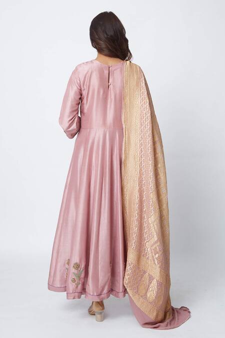 Buy_Romaa_Pink Mulmul Embroidery Round Anarkali Set _Online_at_Aza_Fashions