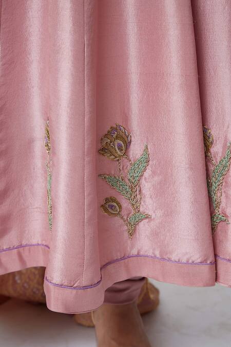 Shop_Romaa_Pink Mulmul Embroidery Round Anarkali Set _Online_at_Aza_Fashions