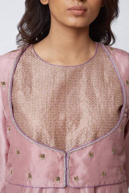 Romaa_Pink Mulmul Embroidery Round Anarkali Set _at_Aza_Fashions