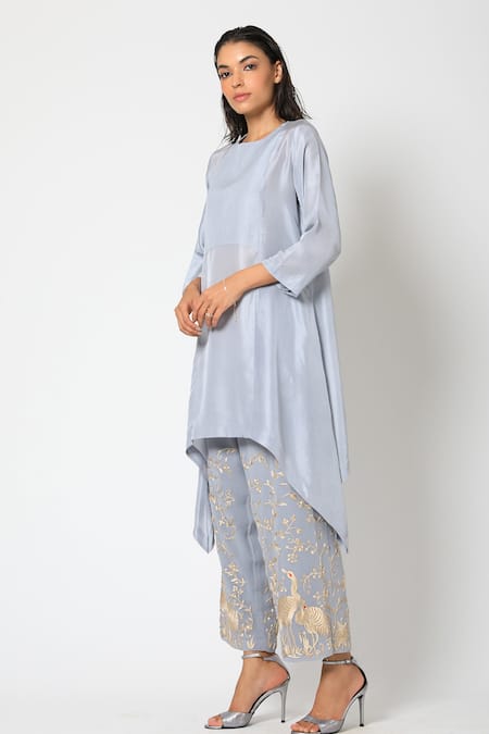 Romaa_Grey Kurta Dupion Silk Pant Georgette Round Asymmetric And Set _Online_at_Aza_Fashions