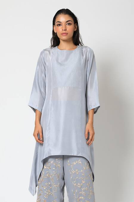 Buy_Romaa_Grey Kurta Dupion Silk Pant Georgette Round Asymmetric And Set _Online_at_Aza_Fashions