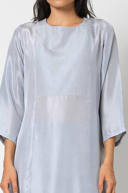 Shop_Romaa_Grey Kurta Dupion Silk Pant Georgette Round Asymmetric And Set _Online_at_Aza_Fashions