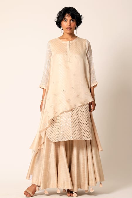 Romaa Peach Kurta Organza And Georgette Lehenga Raw Silk Layered & Set  