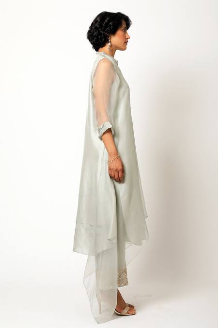 Romaa_Grey Kurta And Pant Dupion Silk Round Asymmetric & Set _Online_at_Aza_Fashions