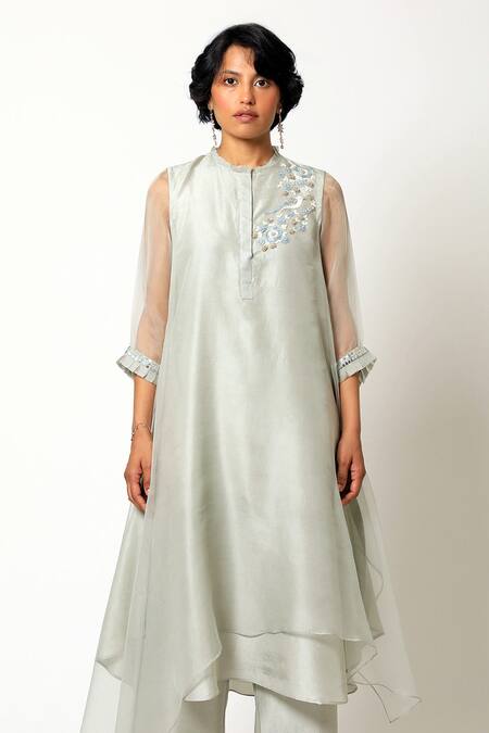 Buy_Romaa_Grey Kurta And Pant Dupion Silk Round Asymmetric & Set _Online_at_Aza_Fashions