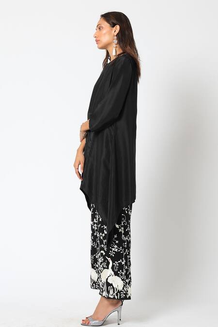 Romaa_Black Kurta Dupion Silk Pant Georgette Asymmetric And Set  _Online_at_Aza_Fashions