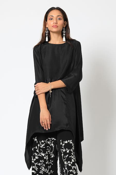 Buy_Romaa_Black Kurta Dupion Silk Pant Georgette Asymmetric And Set  _Online_at_Aza_Fashions