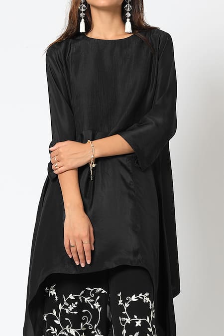 Shop_Romaa_Black Kurta Dupion Silk Pant Georgette Asymmetric And Set  _Online_at_Aza_Fashions