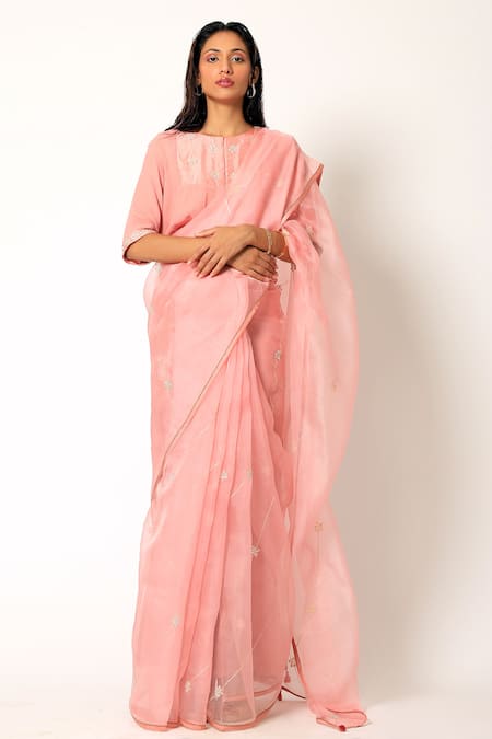 Romaa Pink Saree Organza Blouse Chiffon Embroidery Round With 