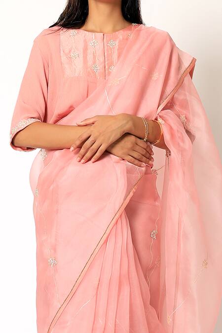 Buy_Romaa_Pink Saree Organza Blouse Chiffon Embroidery Round With  _Online_at_Aza_Fashions