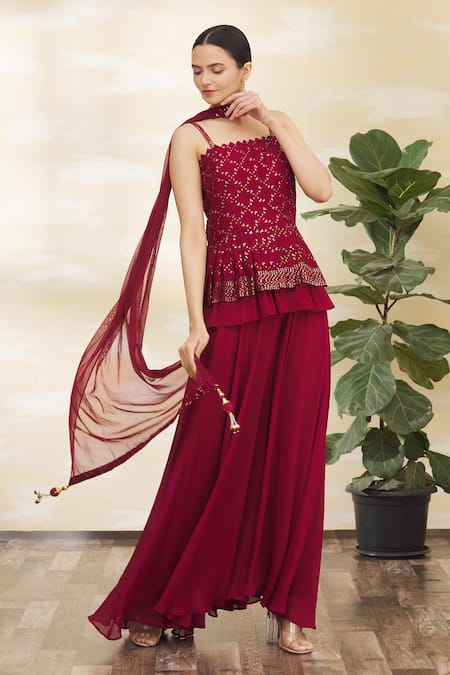 Buy Samyukta Singhania Maroon Chiffon, Net Embroidery Square Neck Peplum Tunic Set Online at Aza Fashions Buy_Samyukta Singhania_Maroon Chiffon, Net Embroidery Square Neck Peplum Tunic Set_Online_at_Aza_Fashions